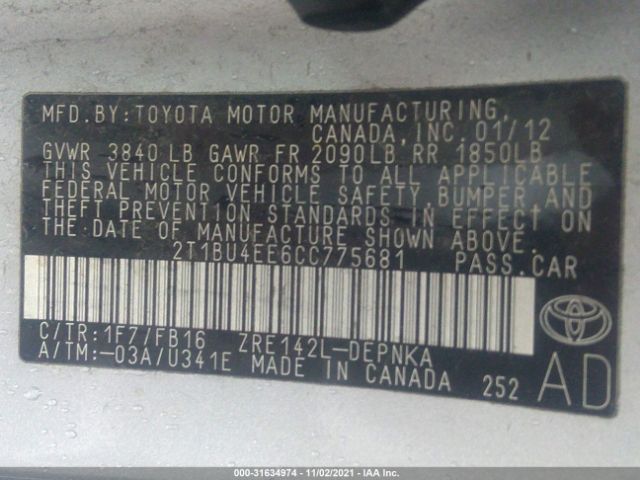 Photo 8 VIN: 2T1BU4EE6CC775681 - TOYOTA COROLLA 