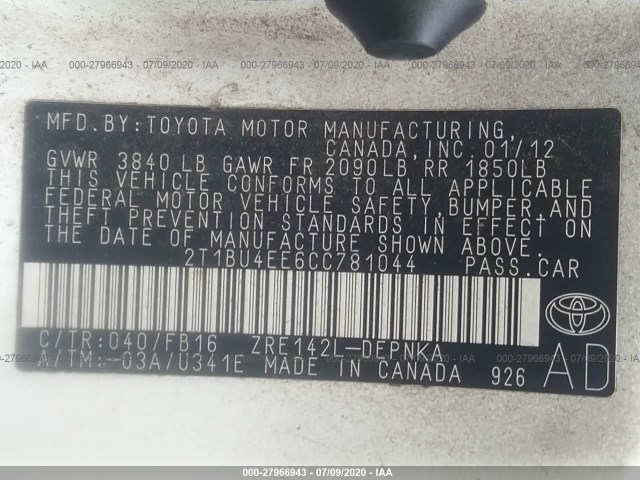 Photo 8 VIN: 2T1BU4EE6CC781044 - TOYOTA COROLLA 