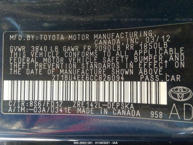 Photo 8 VIN: 2T1BU4EE6CC826094 - TOYOTA COROLLA 