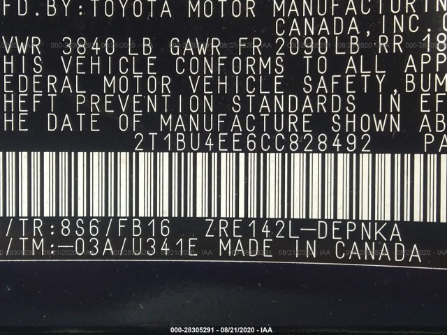 Photo 8 VIN: 2T1BU4EE6CC828492 - TOYOTA COROLLA 