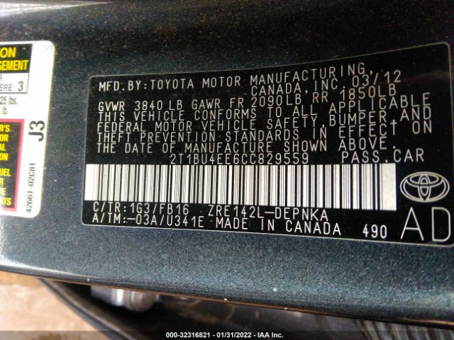 Photo 8 VIN: 2T1BU4EE6CC829559 - TOYOTA COROLLA 