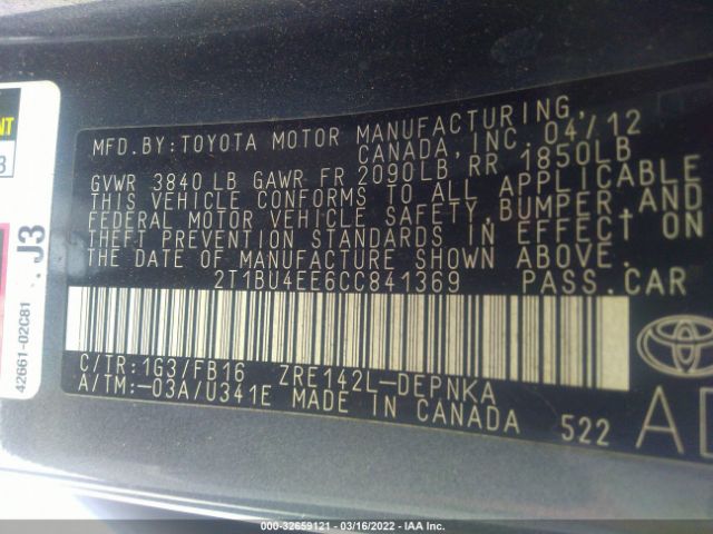 Photo 8 VIN: 2T1BU4EE6CC841369 - TOYOTA COROLLA 