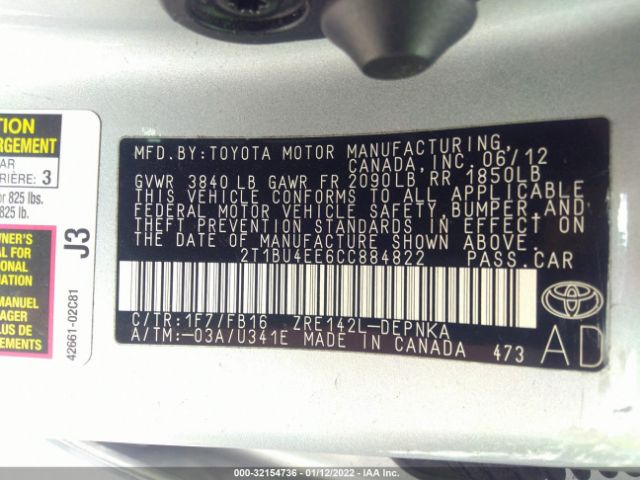 Photo 8 VIN: 2T1BU4EE6CC884822 - TOYOTA COROLLA 