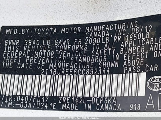 Photo 8 VIN: 2T1BU4EE6CC892144 - TOYOTA COROLLA 