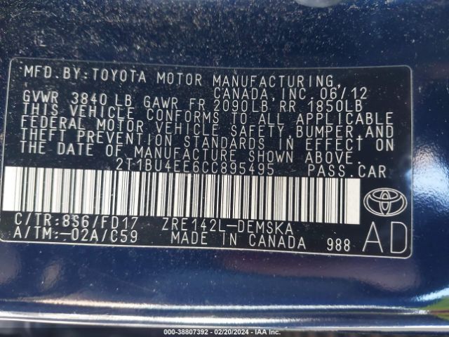 Photo 8 VIN: 2T1BU4EE6CC895495 - TOYOTA COROLLA 