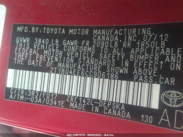 Photo 8 VIN: 2T1BU4EE6CC906186 - TOYOTA COROLLA 