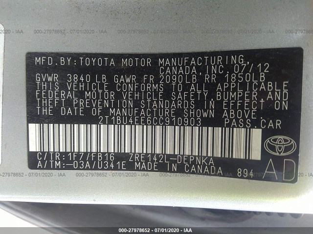 Photo 8 VIN: 2T1BU4EE6CC910903 - TOYOTA COROLLA 