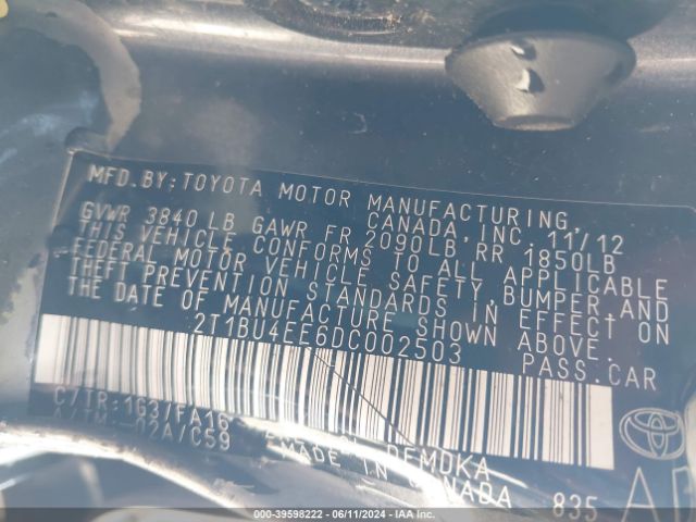 Photo 8 VIN: 2T1BU4EE6DC002503 - TOYOTA COROLLA 