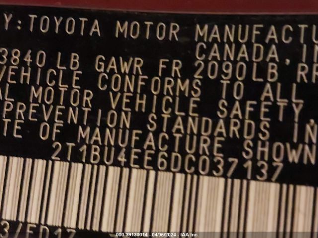 Photo 8 VIN: 2T1BU4EE6DC037137 - TOYOTA COROLLA 