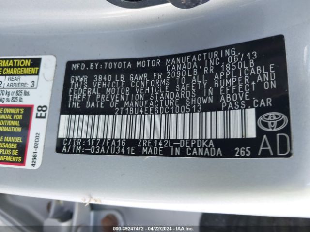 Photo 8 VIN: 2T1BU4EE6DC100513 - TOYOTA COROLLA 