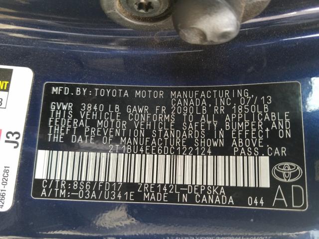 Photo 9 VIN: 2T1BU4EE6DC122124 - TOYOTA COROLLA 