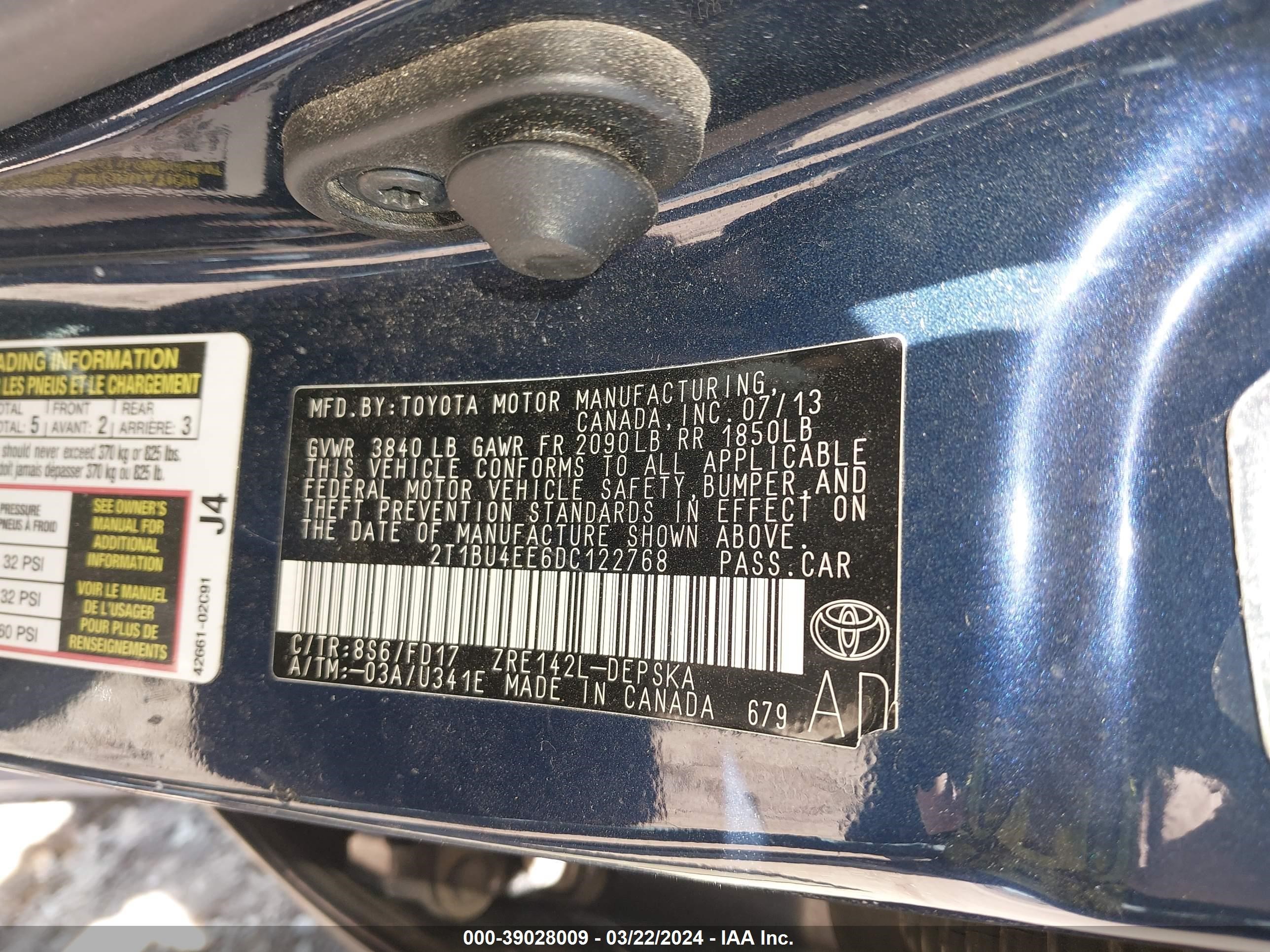 Photo 8 VIN: 2T1BU4EE6DC122768 - TOYOTA COROLLA 