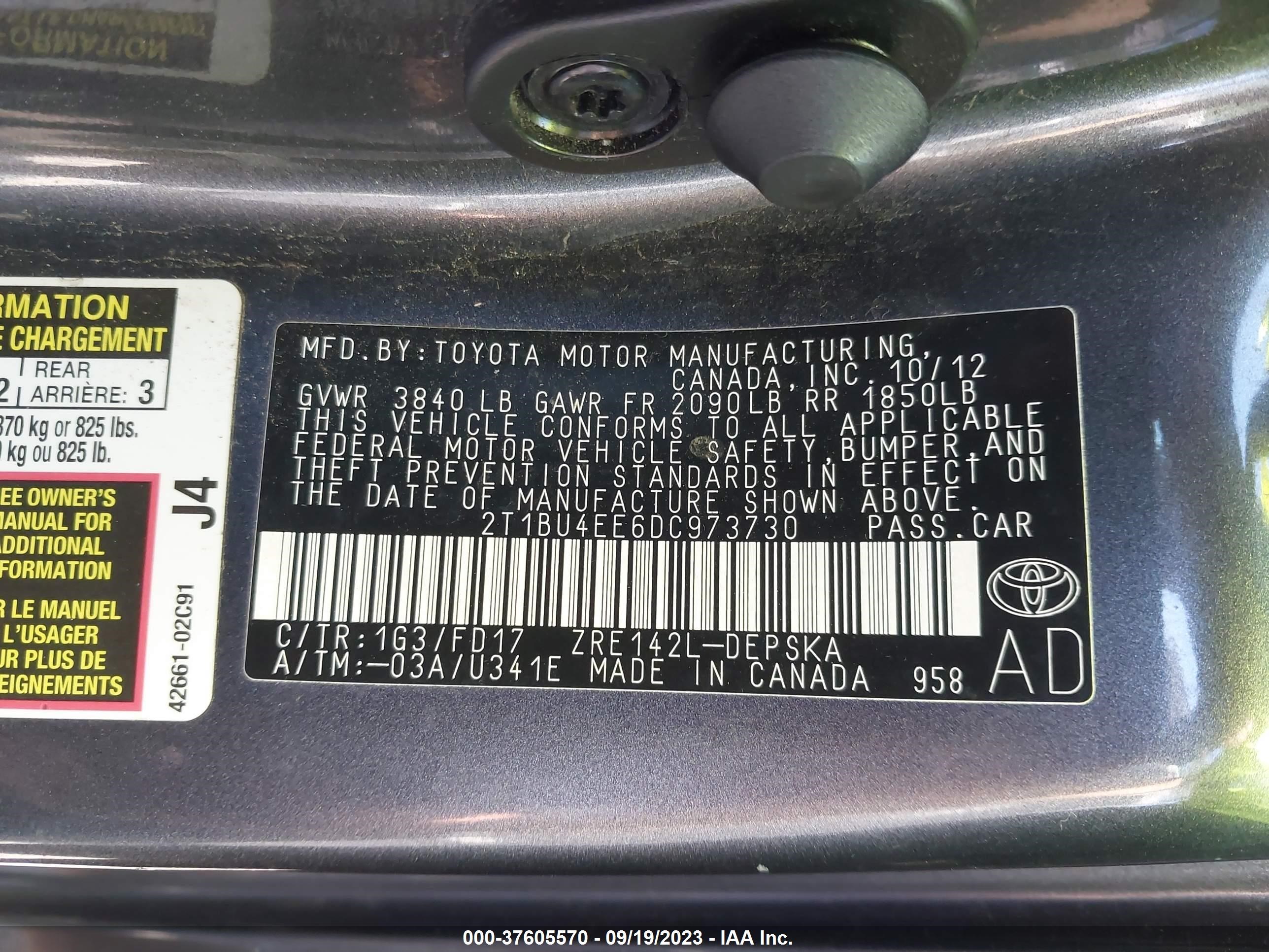 Photo 8 VIN: 2T1BU4EE6DC973730 - TOYOTA COROLLA 