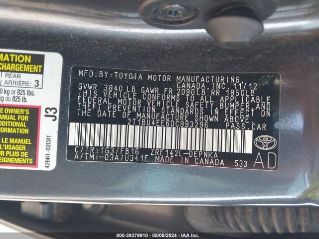 Photo 8 VIN: 2T1BU4EE6DC993296 - TOYOTA COROLLA 