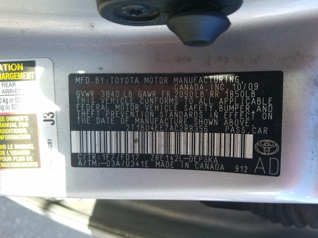 Photo 9 VIN: 2T1BU4EE7AC288356 - TOYOTA COROLLA BA 