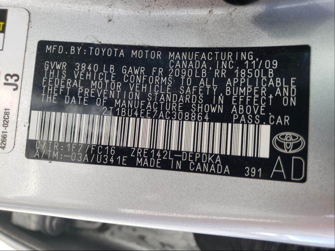 Photo 9 VIN: 2T1BU4EE7AC308864 - TOYOTA COROLLA BA 