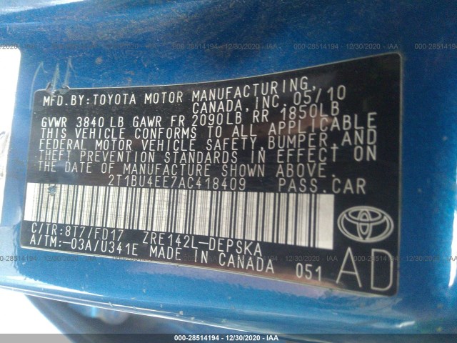 Photo 8 VIN: 2T1BU4EE7AC418409 - TOYOTA COROLLA 