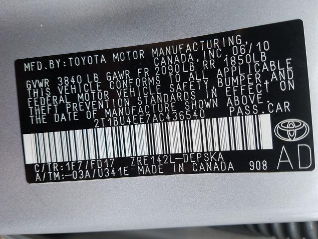 Photo 9 VIN: 2T1BU4EE7AC436540 - TOYOTA COROLLA S 