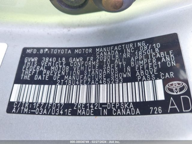 Photo 8 VIN: 2T1BU4EE7AC465293 - TOYOTA COROLLA 