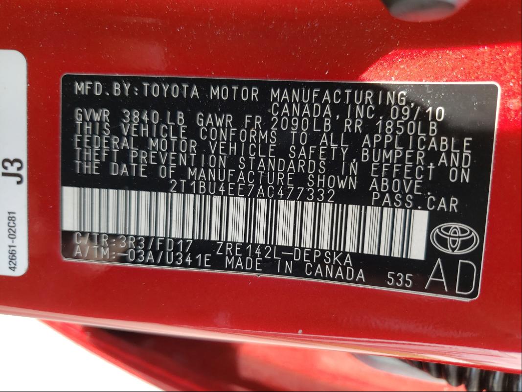 Photo 9 VIN: 2T1BU4EE7AC477332 - TOYOTA COROLLA BA 