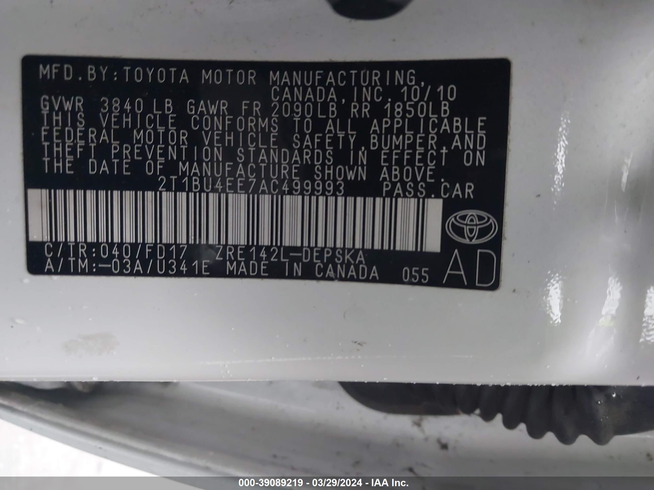 Photo 8 VIN: 2T1BU4EE7AC499993 - TOYOTA COROLLA 