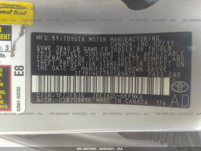 Photo 8 VIN: 2T1BU4EE7BC589873 - TOYOTA COROLLA 