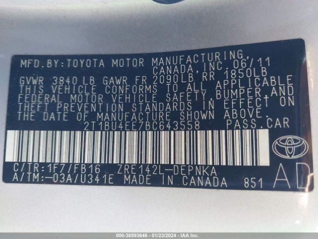 Photo 8 VIN: 2T1BU4EE7BC643558 - TOYOTA COROLLA 