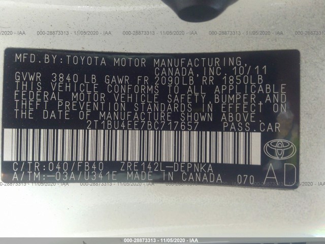 Photo 8 VIN: 2T1BU4EE7BC717657 - TOYOTA COROLLA 