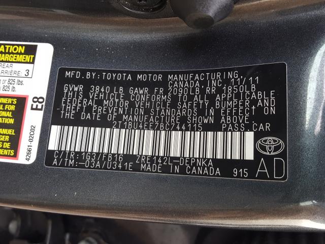 Photo 9 VIN: 2T1BU4EE7BC744115 - TOYOTA COROLLA BA 