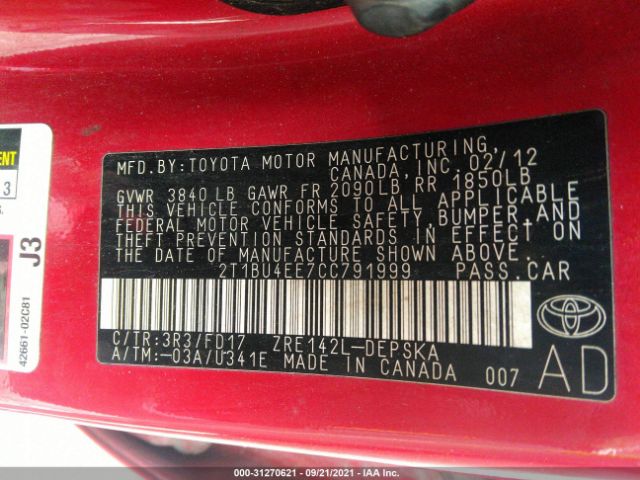 Photo 8 VIN: 2T1BU4EE7CC791999 - TOYOTA COROLLA 