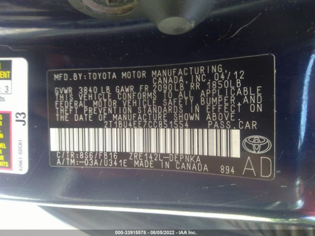 Photo 8 VIN: 2T1BU4EE7CC851554 - TOYOTA COROLLA 