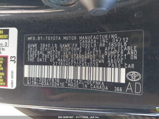 Photo 8 VIN: 2T1BU4EE7CC852039 - TOYOTA COROLLA 