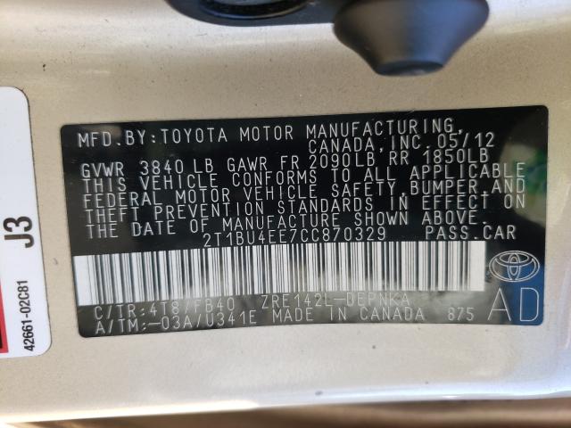 Photo 9 VIN: 2T1BU4EE7CC870329 - TOYOTA COROLLA BA 