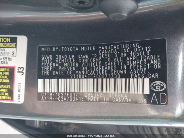 Photo 8 VIN: 2T1BU4EE7CC871738 - TOYOTA COROLLA 