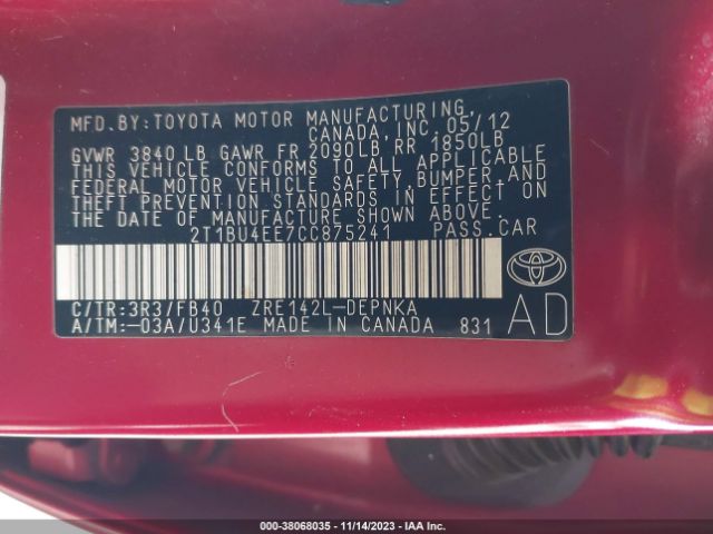 Photo 8 VIN: 2T1BU4EE7CC875241 - TOYOTA COROLLA 