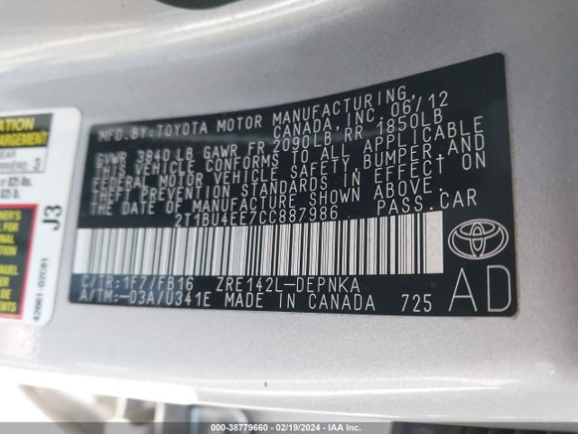 Photo 8 VIN: 2T1BU4EE7CC887986 - TOYOTA COROLLA 