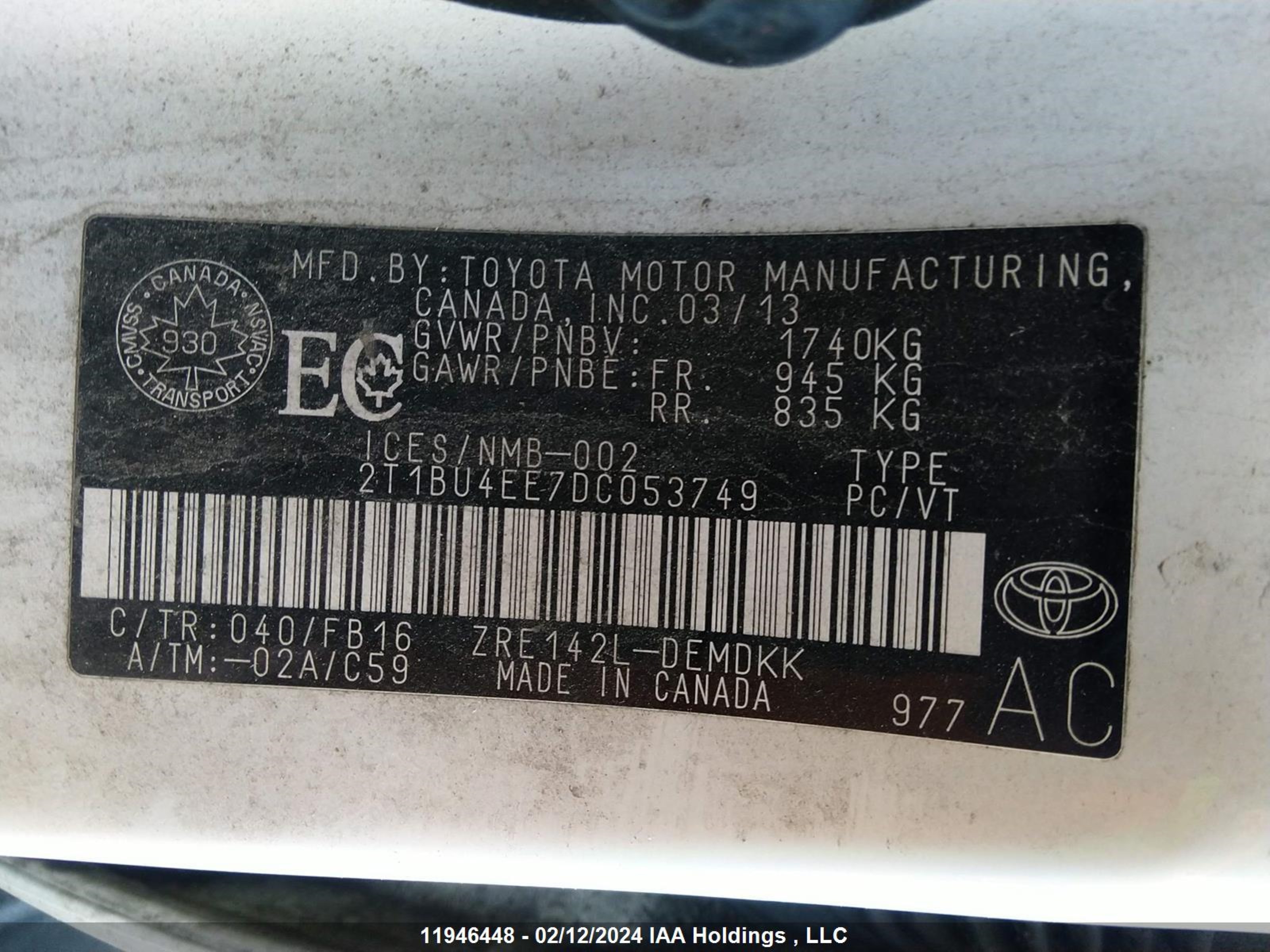 Photo 8 VIN: 2T1BU4EE7DC053749 - TOYOTA COROLLA 