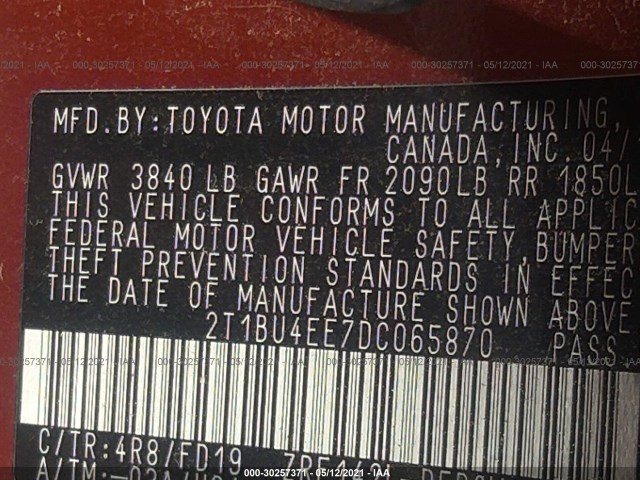 Photo 8 VIN: 2T1BU4EE7DC065870 - TOYOTA COROLLA 