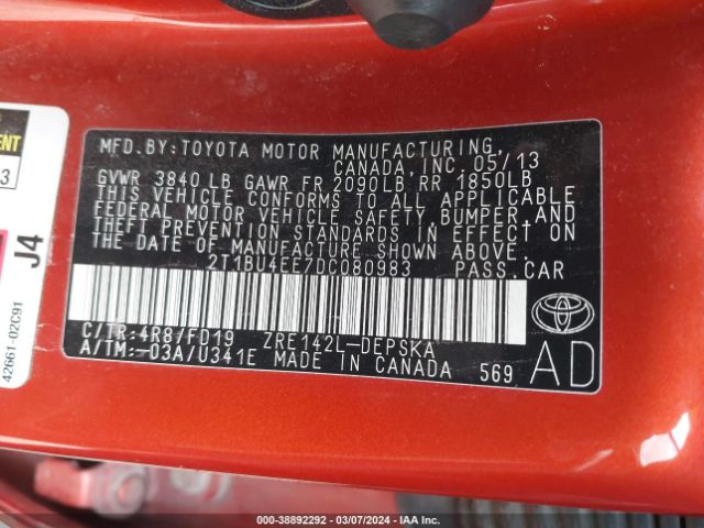 Photo 8 VIN: 2T1BU4EE7DC080983 - TOYOTA COROLLA 