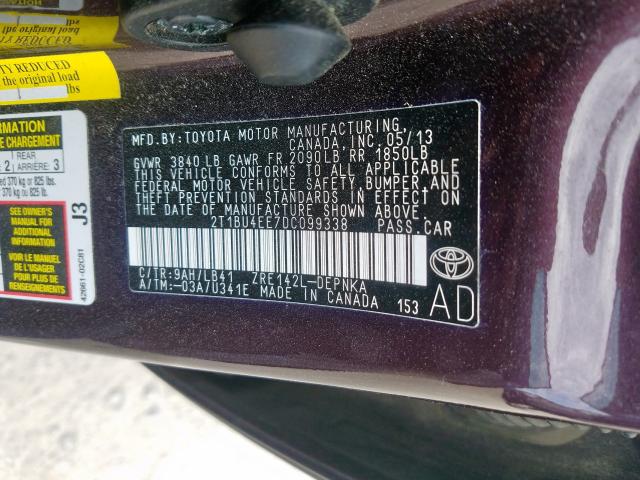 Photo 9 VIN: 2T1BU4EE7DC099338 - TOYOTA COROLLA BA 