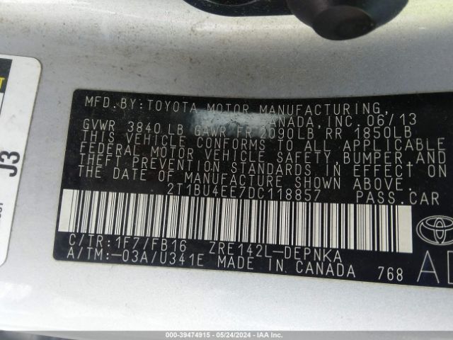 Photo 8 VIN: 2T1BU4EE7DC118857 - TOYOTA COROLLA 