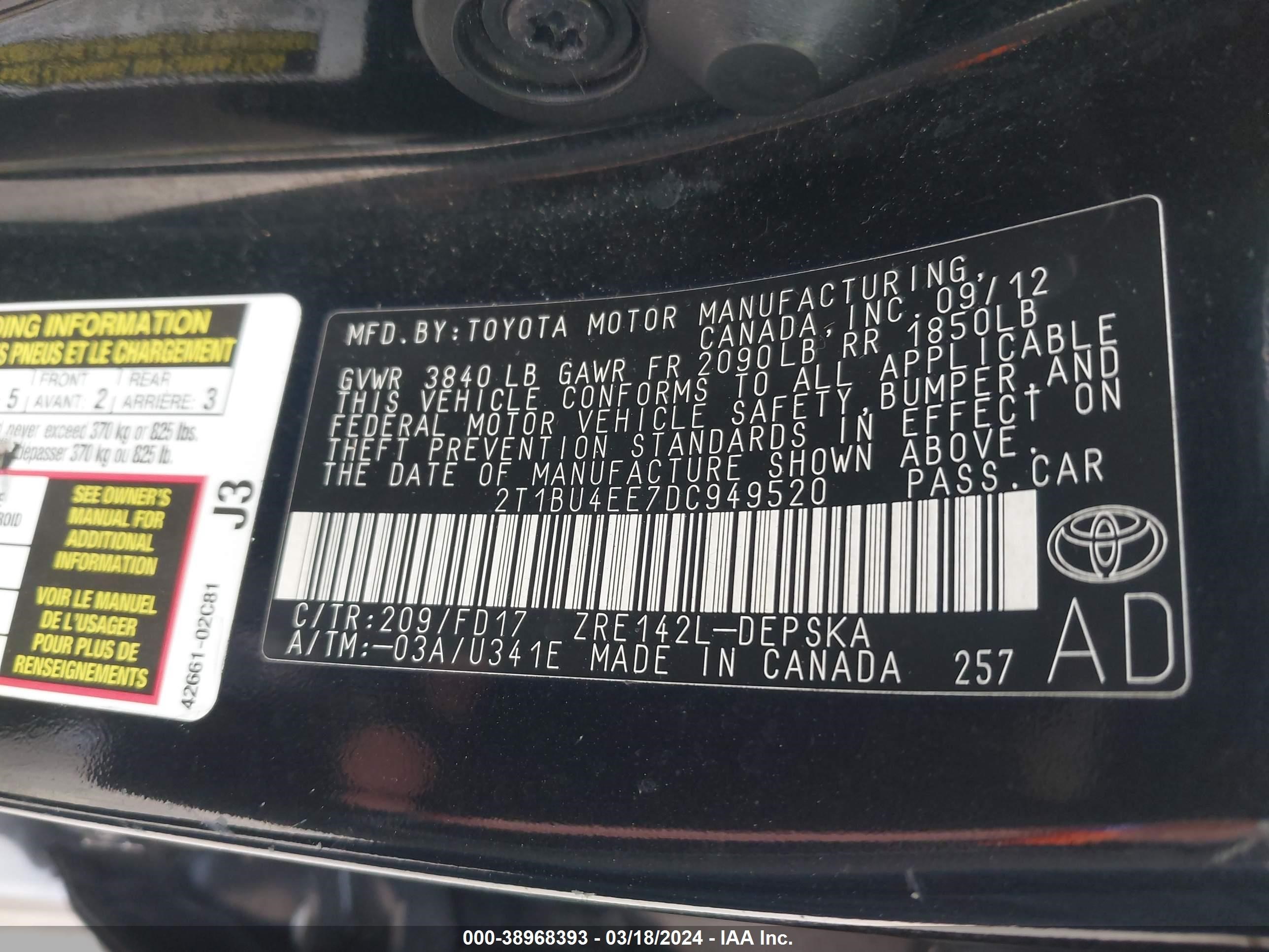 Photo 8 VIN: 2T1BU4EE7DC949520 - TOYOTA COROLLA 