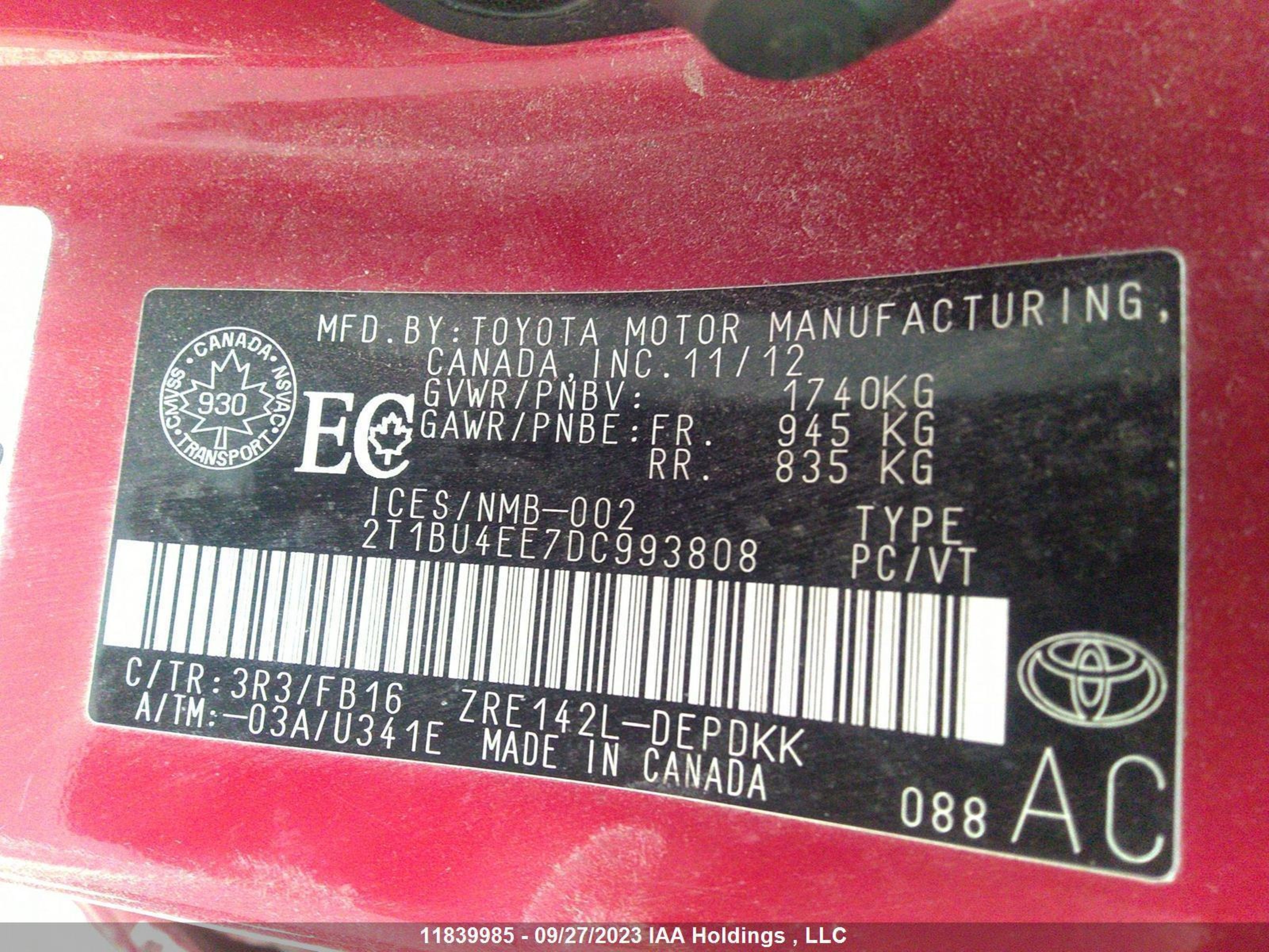 Photo 8 VIN: 2T1BU4EE7DC993808 - TOYOTA COROLLA 