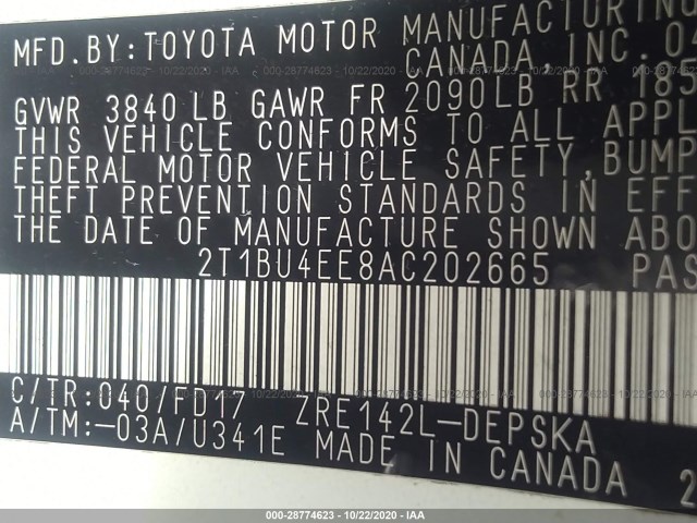 Photo 8 VIN: 2T1BU4EE8AC202665 - TOYOTA COROLLA 