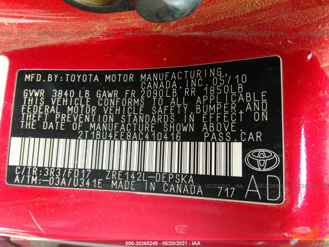 Photo 8 VIN: 2T1BU4EE8AC410416 - TOYOTA COROLLA 