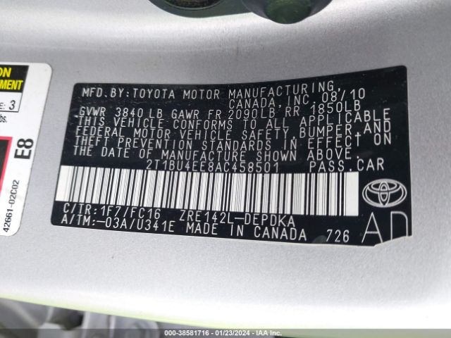 Photo 8 VIN: 2T1BU4EE8AC458501 - TOYOTA COROLLA 