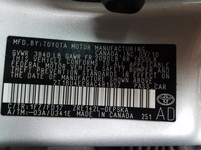 Photo 9 VIN: 2T1BU4EE8AC481857 - TOYOTA COROLLA BA 