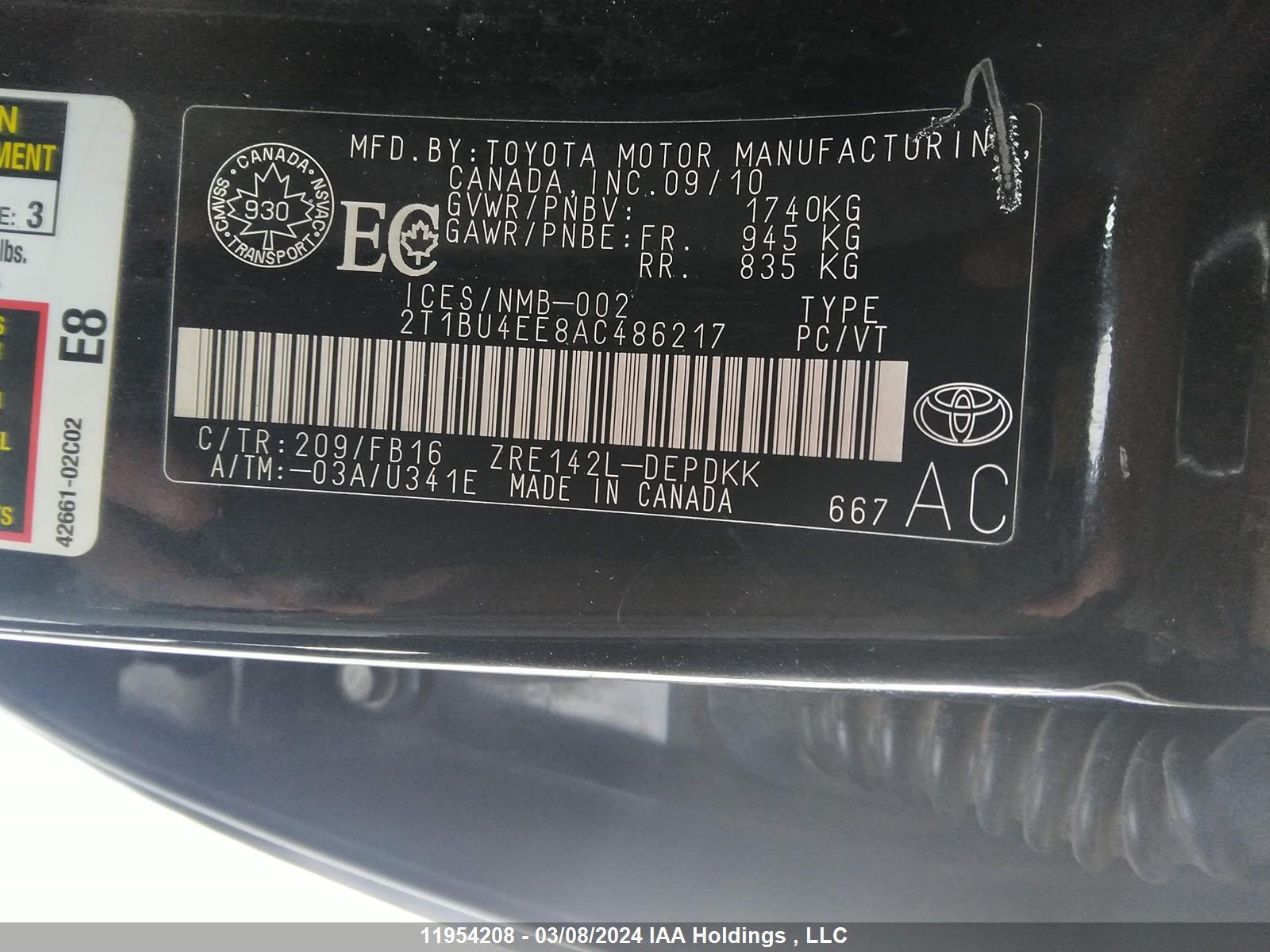 Photo 8 VIN: 2T1BU4EE8AC486217 - TOYOTA COROLLA 