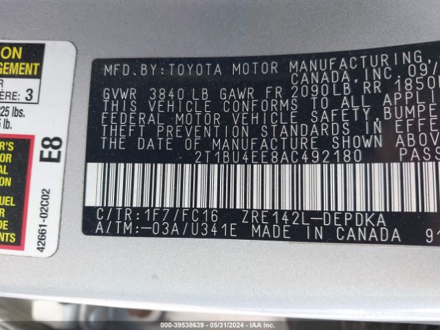 Photo 8 VIN: 2T1BU4EE8AC492180 - TOYOTA COROLLA 