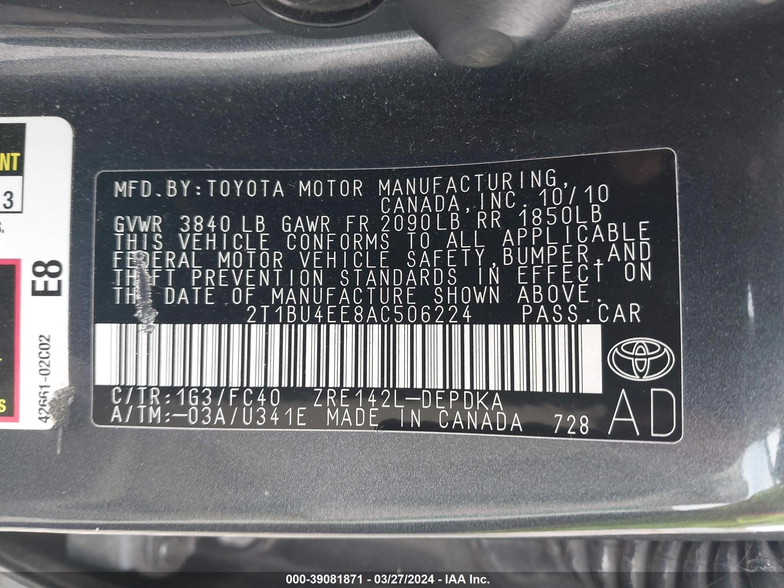 Photo 8 VIN: 2T1BU4EE8AC506224 - TOYOTA COROLLA 